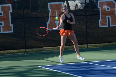 Despite falling against Hebron, 0-6 and 0-6, at No. 1 singles March 19, Lyla Phillips responded with a 6-0 and 6-3 win over BASA March 20 and East Jackson March 24. Photo by Benjamin London. 