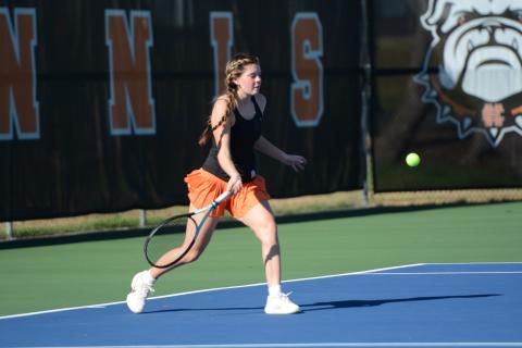 Mary Charlotte Gordon captures a 6-0 and 6-0 win at No. 2 doubles March 17 against the Lady Lions of Lakeview Academy. Photo by Benjamin London.