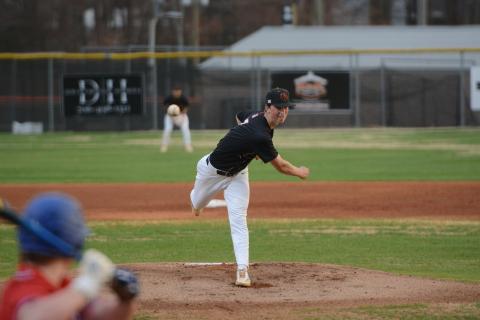 Junior pitcher Max Martin pitches three innings allowing eight hits, five earned runs, issued two walks and struck out four in the 8-6 loss to the Tigers of Crescent March 13. Photo by Benjamin London. 