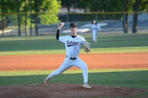 Junior pitcher Max Martin pitched six innings, allowing three hits, two runs, issued one walk and struck out five in the 9-2 win over East Jackson April 17. Photo by Benjamin London.