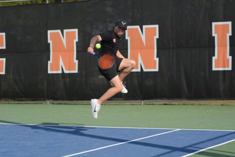 Senior Riley Gaines returns a serve in the 4-1 win over the Indians of Stephens County on senior night March 26. Photo by Benjamin London. 