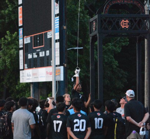 Midfielder Noé Ramírez Padilla rings the victory bell after scoring a hat trick in the 4-0 win over Josey April 24. Photo by Benjamin London.