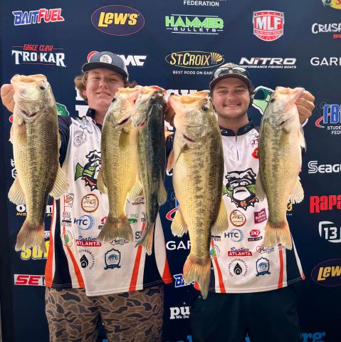 Hart County High School sophomore Kain Norris (left) and senior Cooper Sanders (right) have qualified for the Major League Fishing High School National Championship and World Championship on Lake Cumberland in Kentucky in June after reeling in the 2026 TBF Georgia State Championship April 4 on Lake Hartwell. (Photo courtesy of Kayla Segars)