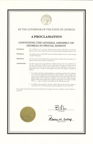 Gov. Brian Kemp signed a proclamation May 13 calling the Georgia General Assembly to return to the Capital for a special legislative session to begin June 17 for two election-related issues. 