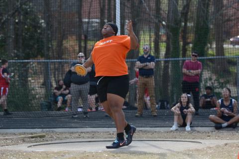 Senior Nicholas Carter competing in discus earlier this season, as he placed sixth in discus at Sectionals May 2 to advance to the State Meet May 14.  Photo by Benjamin London.