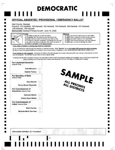 A sample ballot for the June 16 Democratic runoff includes races for Lieutenant Governor, Secretary of State, Commissioner of Insurance and Commissioner of Labor. Sample ballots courtesy of the Hart County Board of Elections and Registration.