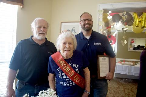 Photo by Madison Linton Hart County's oldest resident, Doris Mahannah (front) was honored with proclamations by Hart County Board of Commissioners Chairman Marshall Sayer (left) and City of Hartwell Mayor Brandon Johnson (right) during her birthday celebration at Brookdale on her 110th birthday June 24. 