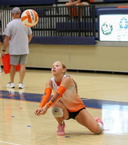 The Volley Dogs losing streak continued during their trip to Mt. Airy Aug. 25, as they lost to the Patriots of Oglethorpe County, 18-25 and 18-25, to fall 2-0. Then would get beat by the Raiders of Habersham Central, 19-25 and 18-25. Pictured above to the left is libero Addison Coles collecting a dig. Photo by London Todd..