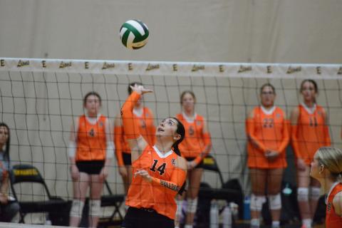 Senior setter Josee Fleming returns a serve in the 2-0 loss to Morgan County, as the Lady Dogs also suffered a 2-0 loss to Hebron at Emmanuel University Sept. 22. Photo by Benjamin London. 