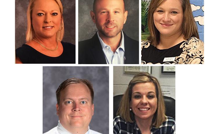 At the top, from left, Lydia Bennett of Hartwell Elementary, J.T. Stewart of South Hart Elementary and Haley Smith of North Hart Elementary. At the bottom is Kevin Gaines, left, Hart County High School and Jacqueline Brock, right, Hart County Middle School.
