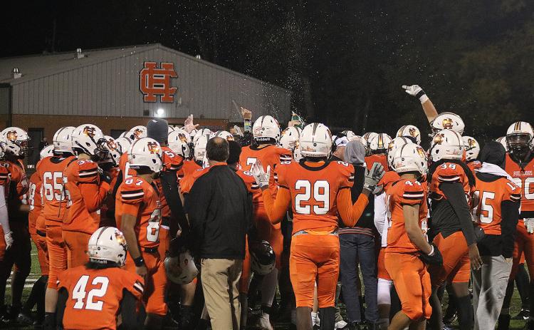 The Hart County Bulldogs celebrate their win over Haralson County last week at Herndon Stadium.
