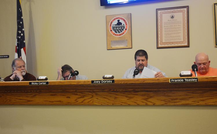 Hart County commissioners Marshall Sayer, from left, Ricky Carter, chairman Joey Dorsey and Frankie Teasley are shown at the special-called meeting Wednesday night.