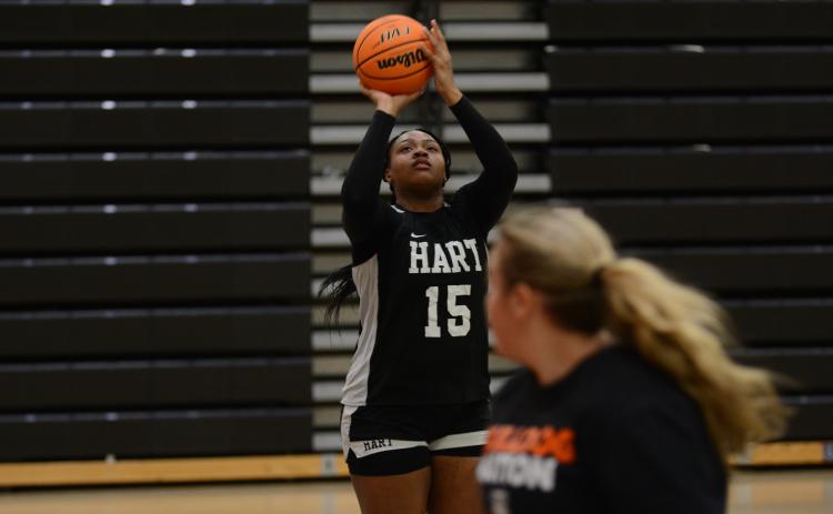 Sunshot by Grayson Williams - Taniya “Nesha” Alexander puts up a shot at practice this week for the Hart County Lady Bulldogs.