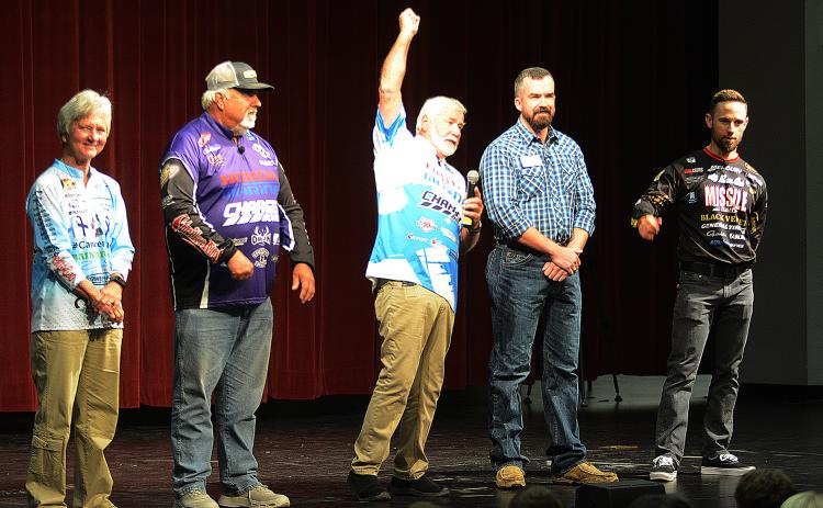 Ray Brazier, center, from “Fishing University” gets the crowd of Hart County High School students riled up during the show’s visit in October 2019.