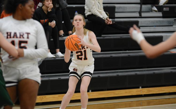 Sunshot by Grayson Williams - Bre Worley puts up a shot on Tuesday, Jan. 5 at Hart County High School in the Lady Dogs’ win over Rabun Gap-Nacoochee.