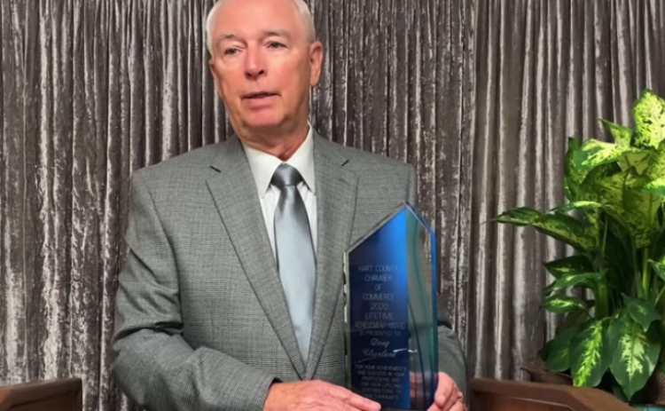 Photo from screenshot - Doug Cleveland accepts the Lifetime Achievement Award from the Hart County Chamber of Commerce recently in a virtual awards banquet.