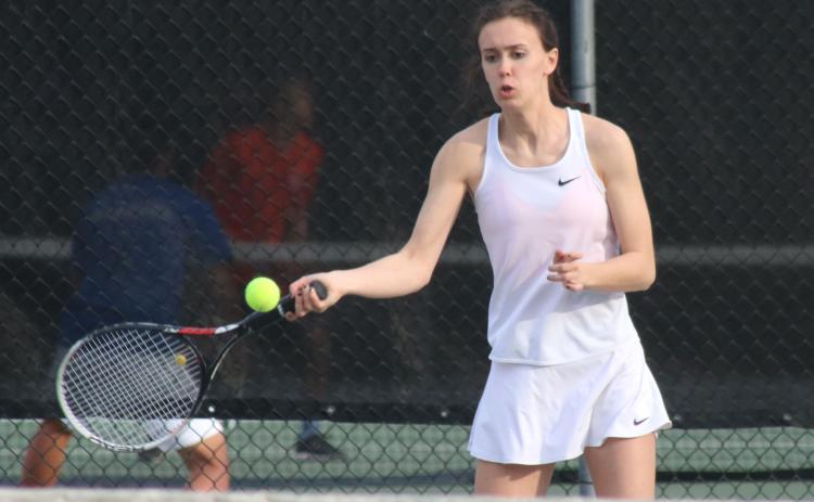Hart County’s Sydney Smith returns a volley against Oconee County on Tuesday, March 9, at Hart County High School.