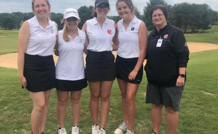 Photo submitted - The Hart County girls’ golf team poses for a photo after capturing fifth place at the Class AAA state championship tournament at Apple Mountain in Clarkesville. Pictured from left to right are Ashlyn Stanton, Lauren Weaver, Mary Elizabeth Jackson, Ella Franklin and head coach Wende Peloquin.
