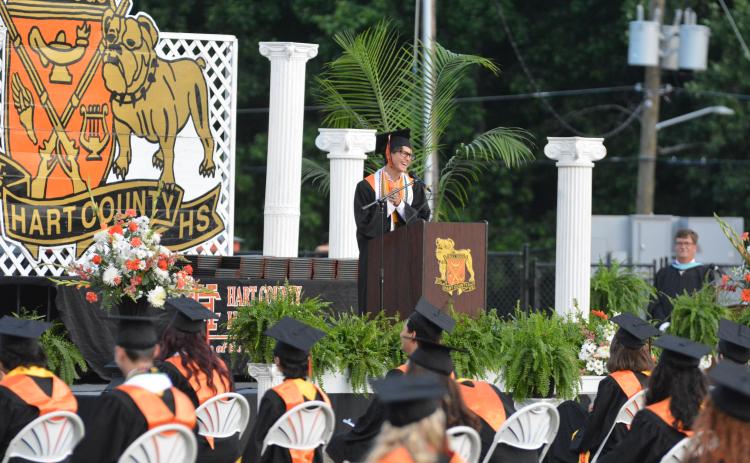 Drew Dotson/The Hartwell Sun - Salutatorian Ben Tellano addresses his peers June 4 at Pete Herndon Stadium during Hart County High School’s graduation.