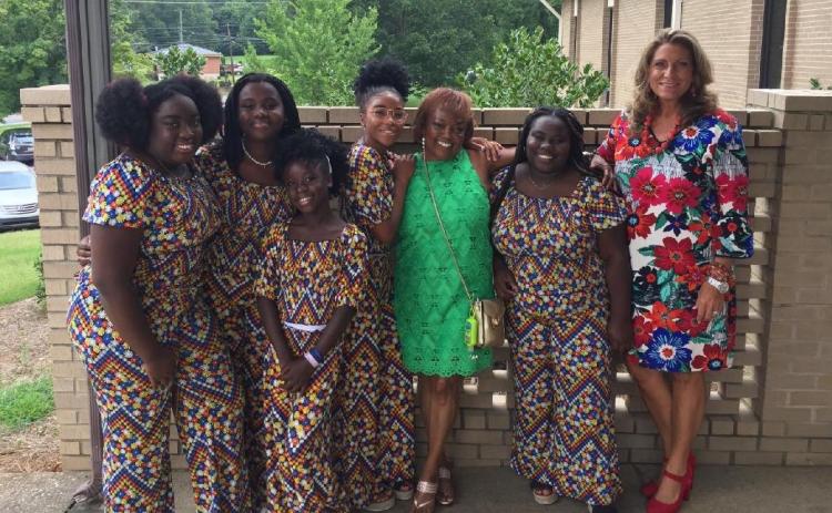 Josh Brannen/The Hartwell Sun - From left to right, Redaphca, Belinda, Samaika, Thaina, Elizabeth Thompson, Mirlanda and Linda Schuler-Gunter outside the Forest Heights Baptist Church on Sunday.