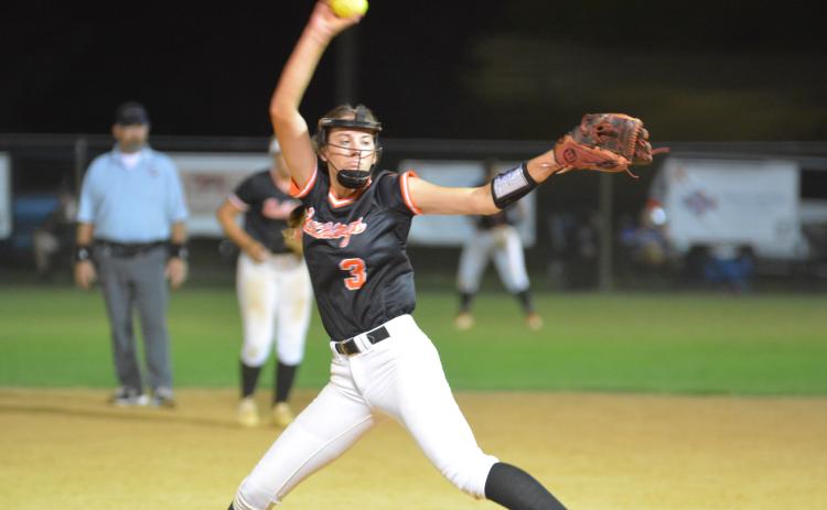 Drew Dotson/ The Hartwell Sun - Emilee Sanders pitches in the Bulldogs’ loss at home against Banks County.