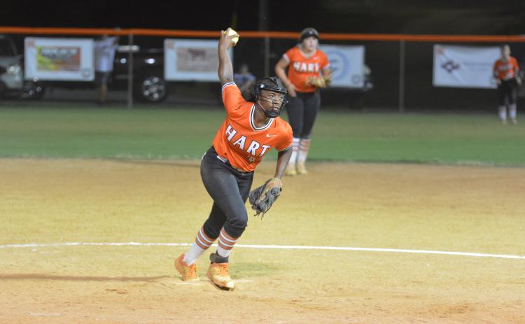 Takibrea “Red” Campbell winds up in the eighth inning in Hart’s 6-5 loss.