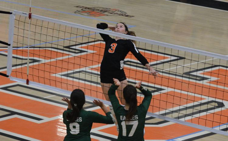 Senior Aliza raises for a spike in a home contest.
