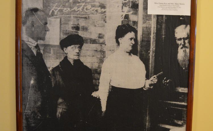 A photo inside the Hart County Historical Society Museum depicts the occasion of the first women ever casting her vote in Hart County. Pictured are Mary Morris and Emma Key voting in the 1921 mayoral election.