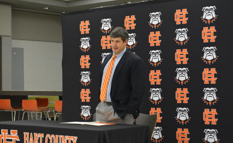 New Hart County football coach and athletic director Cory Dickerson speaks at last week’s introductory press conference.