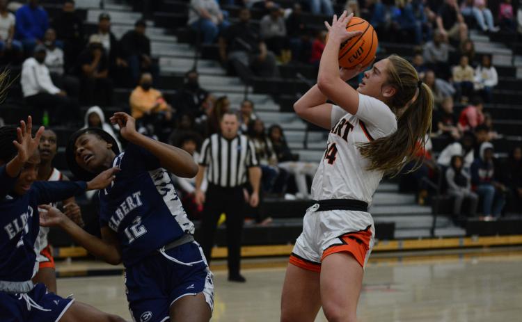 Dakota Phillips makes a fade-away shot in her 17-point performance against Elbert County in the McDonald’s Shootout finals.