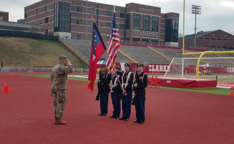 The female color guard consisting of Anna Richardson, Dayryn Morales, Lexis VanMeter, Gelsey Aguilar.