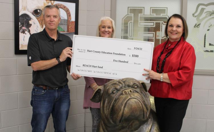 Pictured, from left to right, are Rotary Club of Hartwell President Rich Mewborn, Rotary Club of Hartwell Youth Services Chair Wyndee McKinnon, and Hart County Education Foundation Director Bobbie Busha.