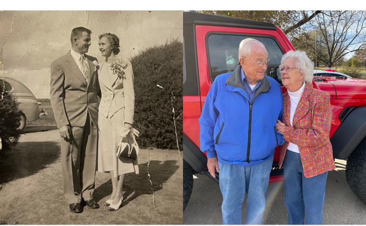 Douglass and June Hiley smile and gaze at each other for their wedding picture. Pictured right are Douglas and June in the same pose 70 years apart. The couple was not told to strike the same pose in the recent picture and did so naturally.