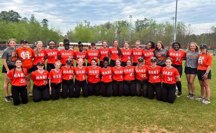 The Hart County slow-pitch softball team pose after advancing to the Elite 8 tournament with wins over Creekview and Mountain View.