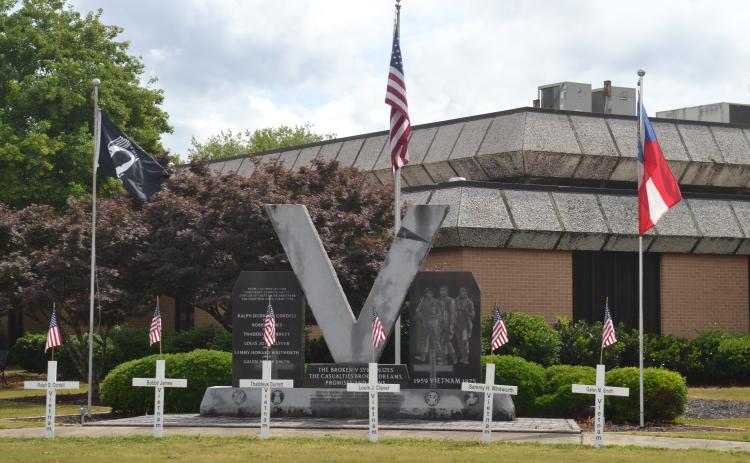 Pictured above are six of 69 crosses at the Hartwell Courthouse Square, the site of a Memorial Day ceremony scheduled for Monday, May 30.