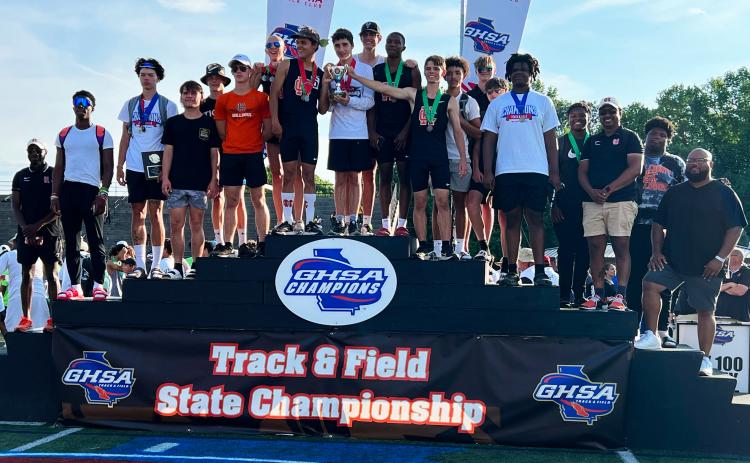 Hart County’s boys track team celebrates a second place team finish and several individual achievements at the conclusion of the state championship meets on Saturday, May 14.