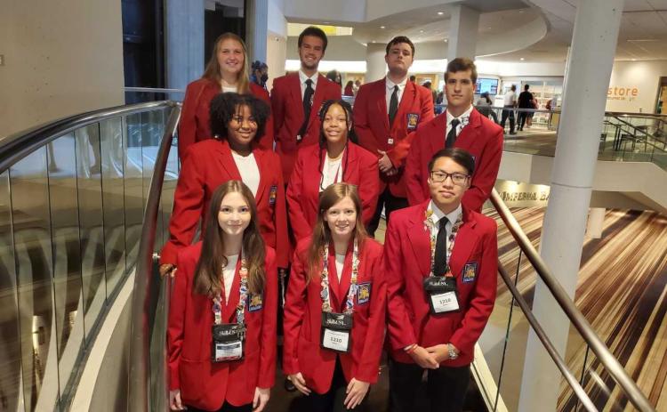 Pictured are the Hart County High School SkillsUSA National Convention participants. Pictured, from left to right, front row, are Georgia Tucker, Anna Hunt, Ethan Ho, middle row, Zion Lackey, Louiesa Gibbs, Jonathan McClain, back row, Katyln Howard, Aidan Gordon, and Ivan Martin.