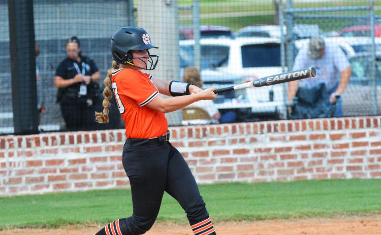 Allie O’ Bannon gets a base knock in the Lady Dogs’ first game of the season against Gainesville on Friday, Aug. 5.