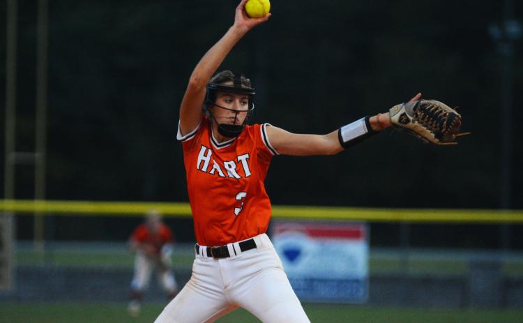 Emilee Sanders winds up a pitch against Elbert County.