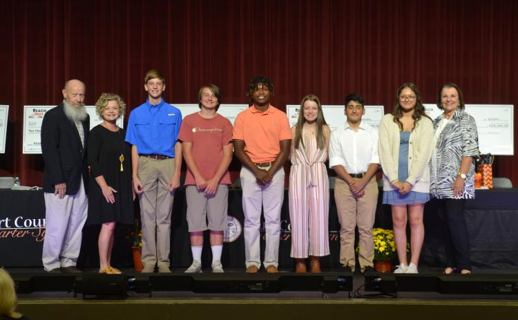 Pictured above is the 2027 REACH Hart Scholar class. From left to right, Hart County Board of Education member Dennis Dowell, Superintendent Jennifer Carter, Tyler Bowers, Dalton Harris, Faustino Rangel, Alana Ramey, Alvin Franco-Gallegos, Edith Rico-Ortiz, and Hart County Education Foundation Executive Director Bobbie Busha.