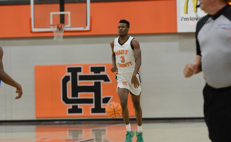 Senior That Johnson takes the ball up the court against Banks County on Nov. 10, a scrimmage in which Hart fell 58-52.