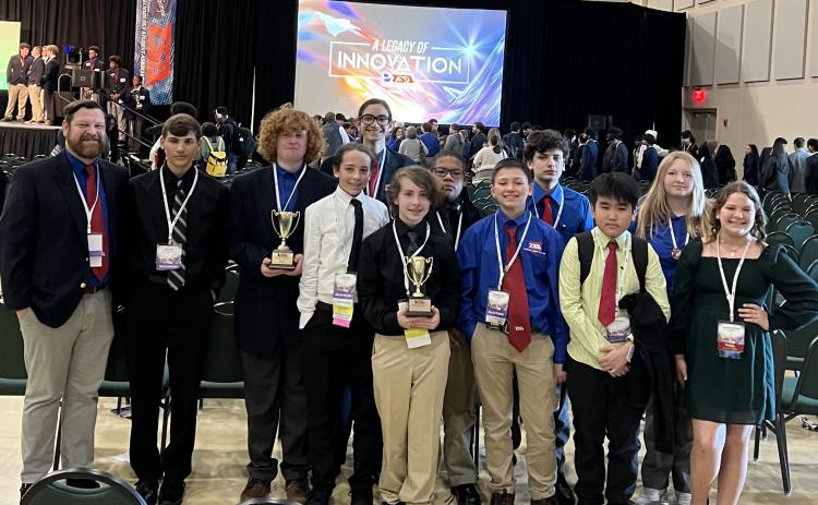 Pictured is the Hart County Middle School TSA team after achieving two state runners-up and eight top-10 placements. Pictured from left are advisor Joshua McCurley, Gage Vasile, Brody McDuffie, Jonas Leard, Torin McCurley, Kahner Ethridge, Jyrese Quillian, Case Cothran, Kyson Brown, Johnson Dang, Karlee Gaines, Evie McCurley.