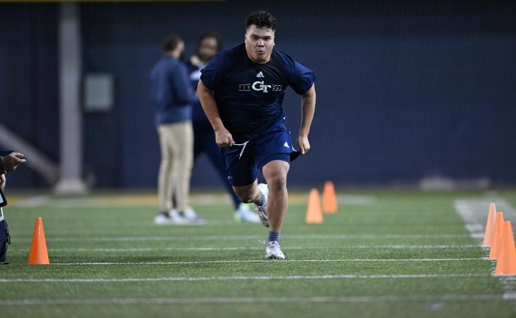 Former Hart County and Georgia Tech offensive lineman Will Lay running the 40-yard dash as he competed in Georgia Tech’s Pro Day on March 16 in front of all 32 NFL team scouts. (Photo by Danny Karnik/Georgia Tech Athletics)