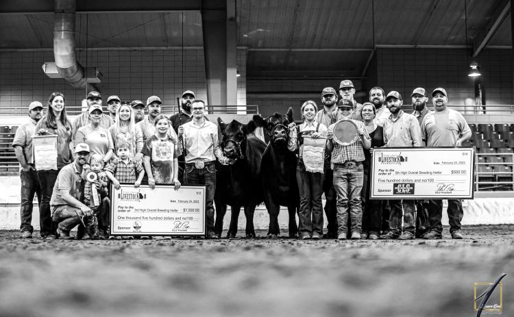 HCHS senior FFA student Ashlyn Floyd poses with family, friends, and her two heifers that both placed in the top-5 overall at the Georgia State Livestock Show in Perry.