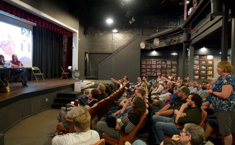 Community member Sharon Swint asks for a clarification during the Hart County Community Theatre’s Board of Directors meeting regarding rental policy of the theatre and the potential renting of the theatre to Hartwell Pride.