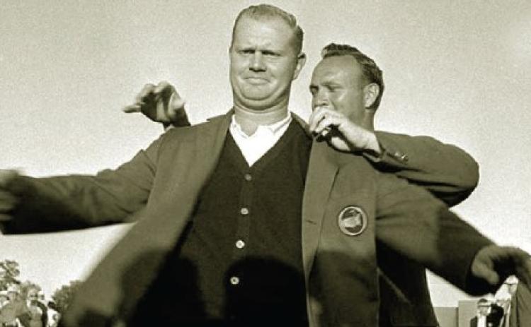 This 1963 Associated Press photo shows Arnold Palmer helping Jack Nicklaus slip into his first of six Masters green jackets. As high school freshmen, Pete Hires and I joined Arnie’s Army to march in the golf gallery at the Augusta National Golf Club. On that Sunday, we watched Palmer, the 1962 winner, award the young Golden Bear his first green jacket—golf’s Holy Grail.