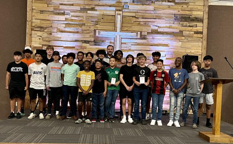 The Hart County Middle School soccer teams capped off their season at the soccer banquet on Monday, April 24. Pictured from left to right is Jonathan Mondragon, Gavin Glover, Alvin Franco, Elijah Thomason, Gavin Thomason, Christian Burroughs, Jael Jaimes, Derrick Campbell, Kian Craft, Powell Chiang, Javier Vazquez, Miguel Sanchez, head coach Mark Cooper, Renee Zetina, Faustino Rangel, Andrew Hicks, Manny Sigala, Carson Hart, Ivan Delgado, Nash Green, Cayson Craft, Christian Fleming, and Jose Mendez.