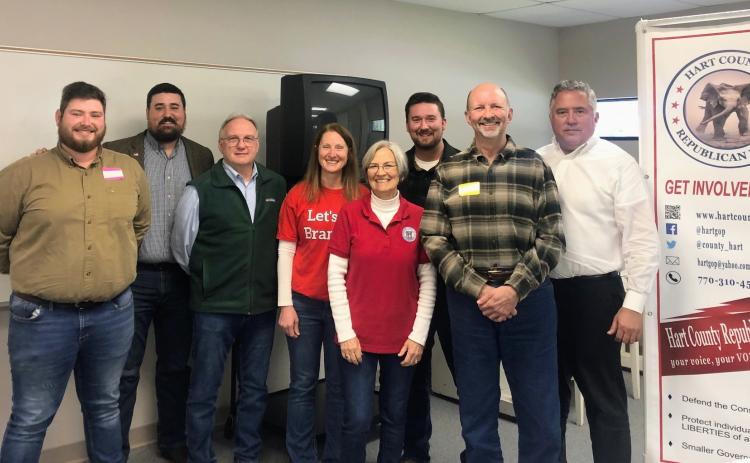 Pictured are the newly elected Hart County Republican Party leadership and Board Executives.  Pictured from left to right are Dylan Purcell, First Vice Chairman; Timothy Roberts Jr., newly elected Chairman; Chris NeSmith, former Chairman; Tara Brohm, Third Vice Chairman; Sue Ackerman, Treasurer; Silas Roberts, Vice Chairman of PR; Wallace Rowan, Secretary; and Matt Denton, Second Vice Chairman.
