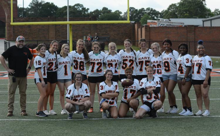 Pictured are the juniors as they defeated the seniors, 21-6 in the 2023 Powderpuff game. First row from left to right is Emily Evans, McKinley Ivester, Tykira Partlow, and Madison McLane. Second row from left to right is Luke Christopher, Bella Chitwood, Lillie Kate Rogers, Abigail Hubbard, Dakota Phillips, Caitlyn Clark, Chloe Bennett, Gracie Cook, Payton Mewborn, Hannah Harris, Jazz Shealer, Lakeria Groove, and Alijah Barber. Not pictured is Ella Franklin, Amelia Johnson, and Ryan Williamson