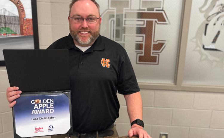 Hart County High School teacher Luke Christopher received the WYFF News 4 Golden Apple Award.